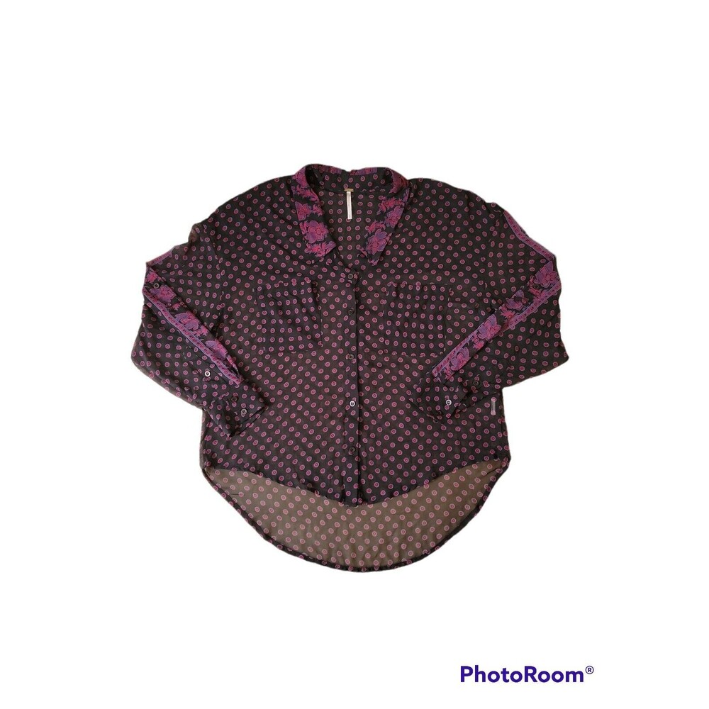 Free People Black Floral Button Blouse Long Sleeves Pockets Semi Sheer XS Hi Low